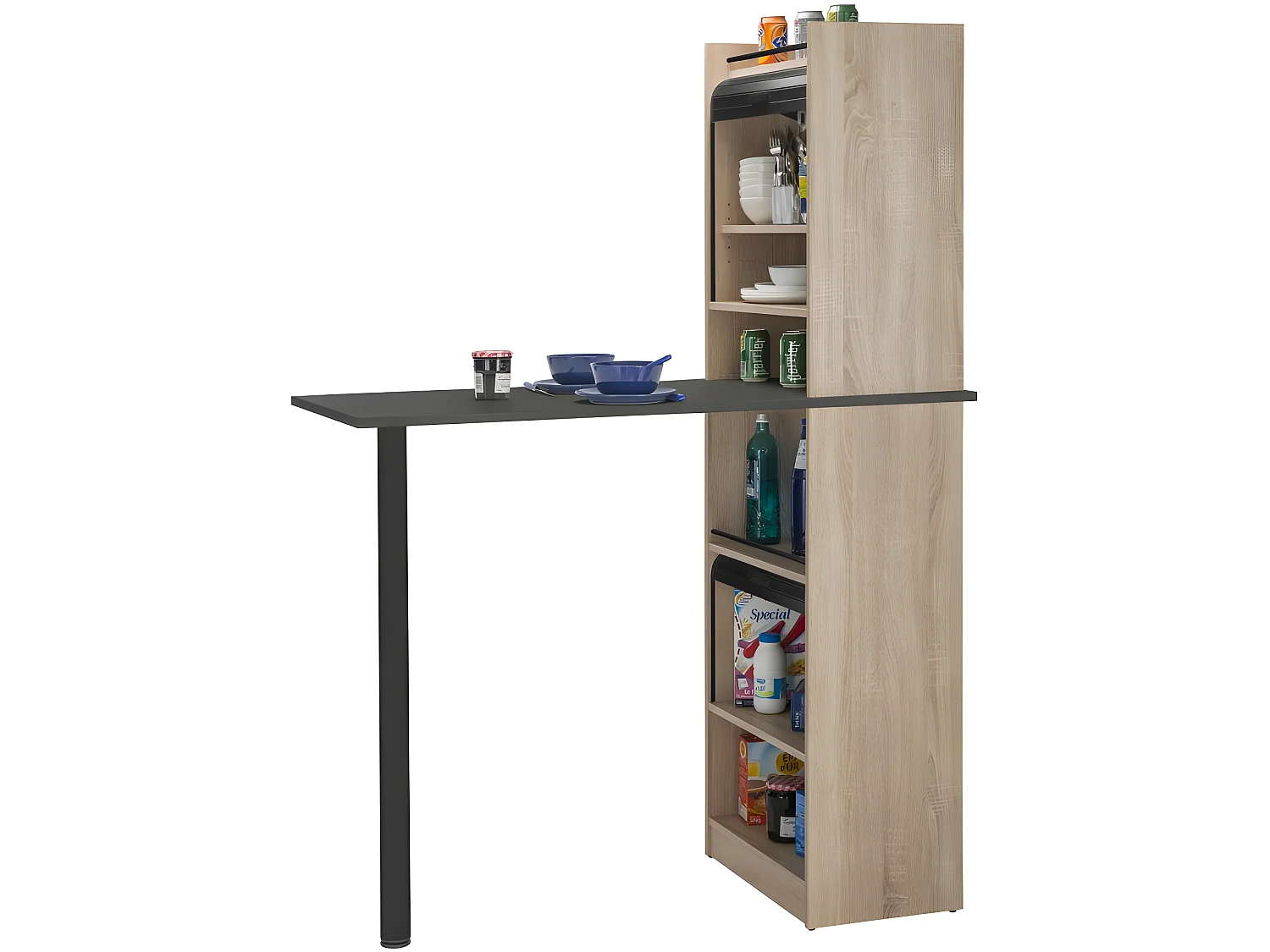 Table de cuisine et 2 Meubles de rangement chene - Coloris: Noir