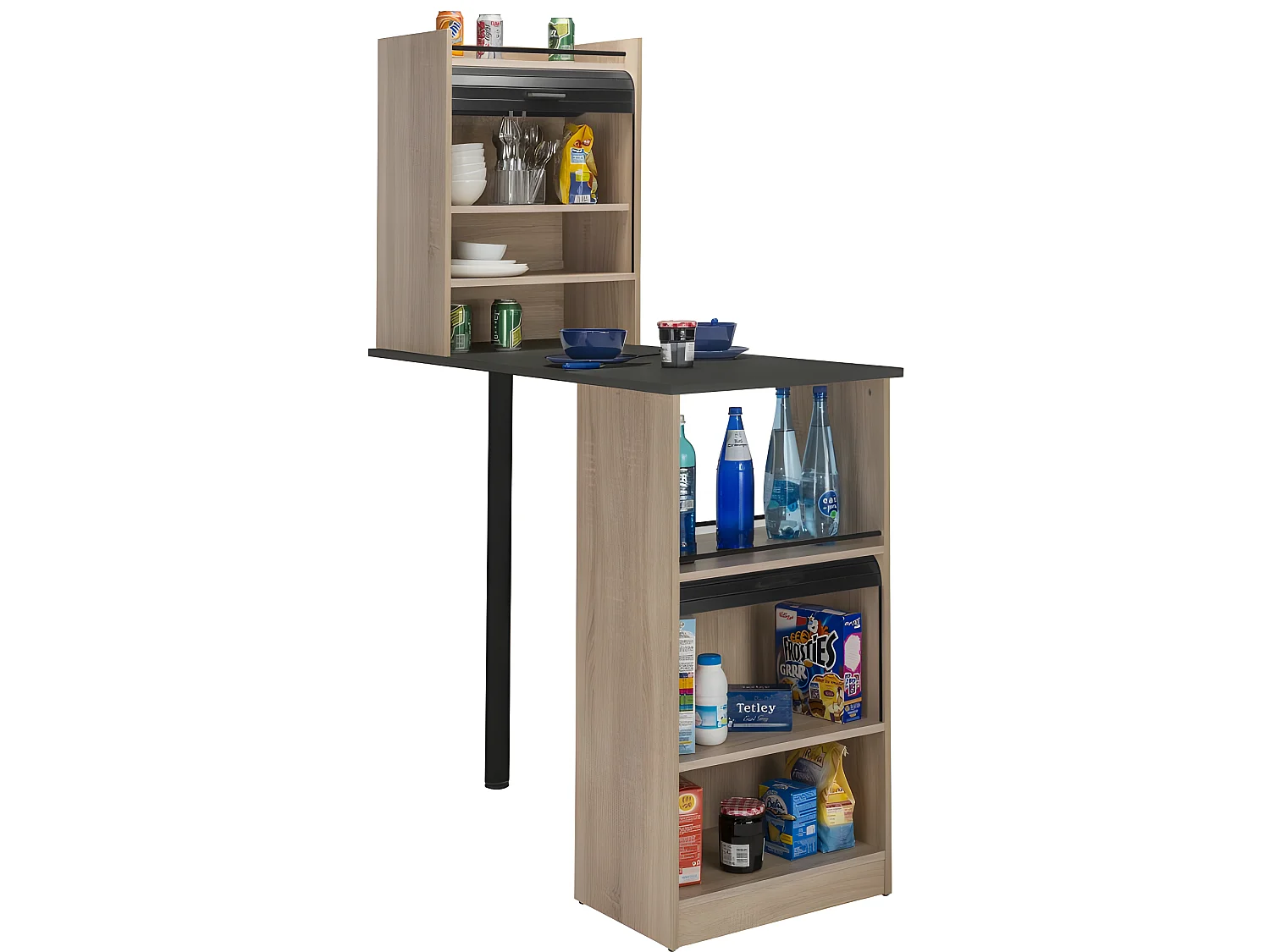 Table de cuisine et 2 Meubles de rangement chene - Coloris: Noir