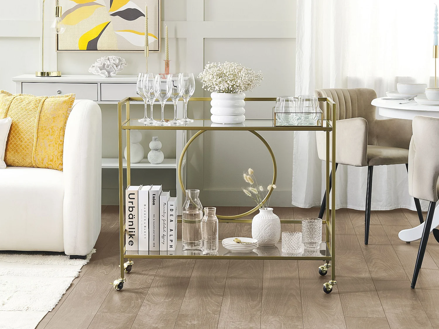 Servierwagen Glasplatte transparent / gold mit Rollen glamourös Kerry