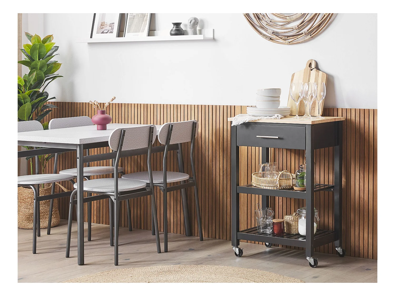 Multifunktioneller Servierwagen schwarz 2 Fächer 1 Schublade Hiuma