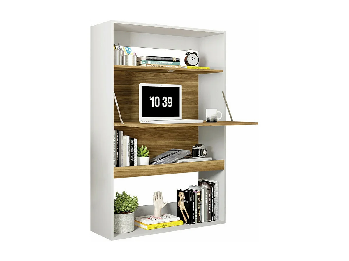 Meuble Bar Secrétaire Blanc et Châtaignier 4 Niches L 90 H 140.5 P 36 cm