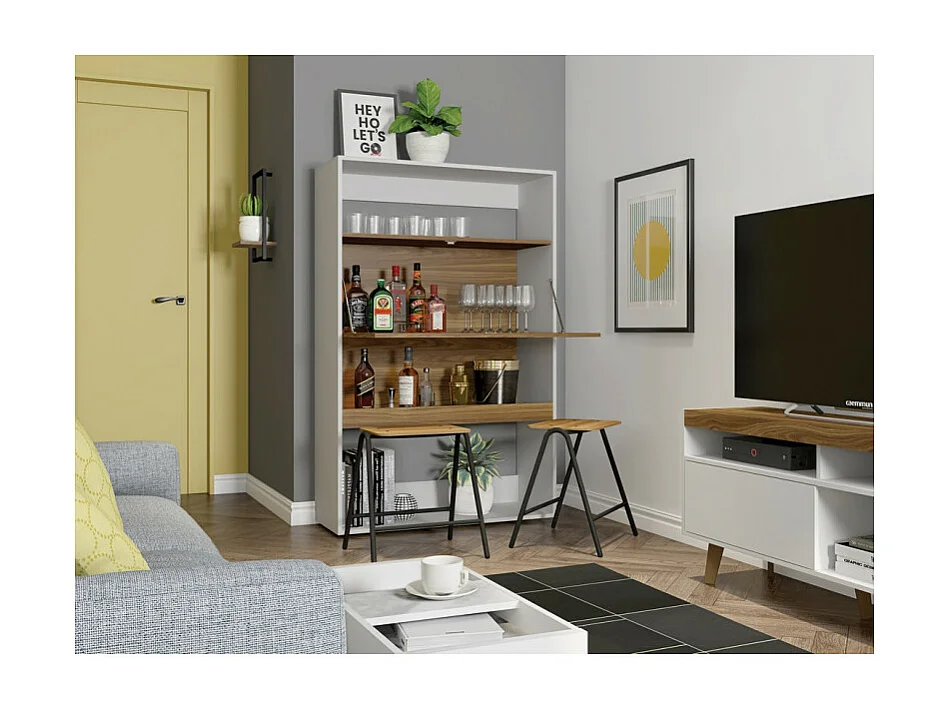 Meuble Bar Secrétaire Blanc et Châtaignier 4 Niches L 90 H 140.5 P 36 cm