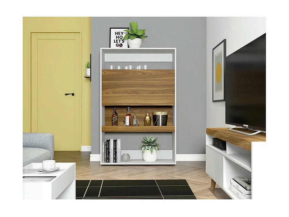 Meuble Bar Secrétaire Blanc et Châtaignier 4 Niches L 90 H 140.5 P 36 cm