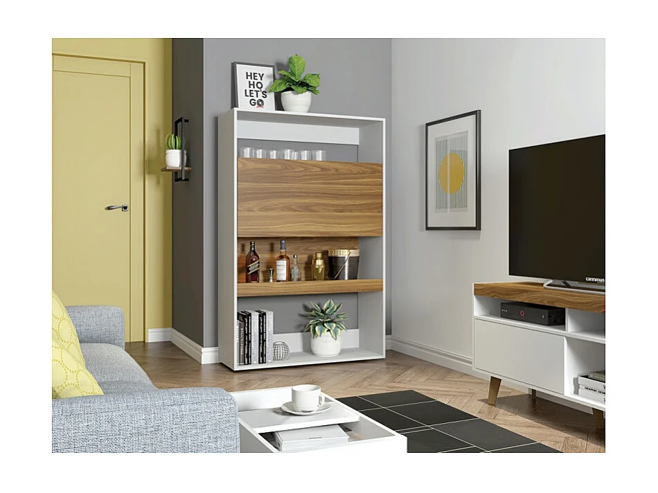 Meuble Bar Secrétaire Blanc et Châtaignier 4 Niches L 90 H 140.5 P 36 cm