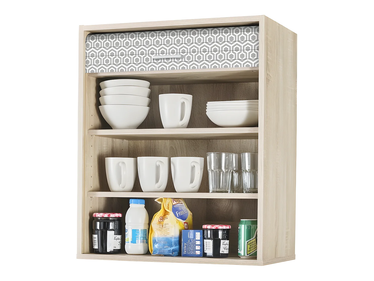 Meuble Cuisine Chêne Façade Décor 2 Etagères Largeur 60 Haut 72 Prof 35 cm - Coloris Rideau: Hexagones Gris 521