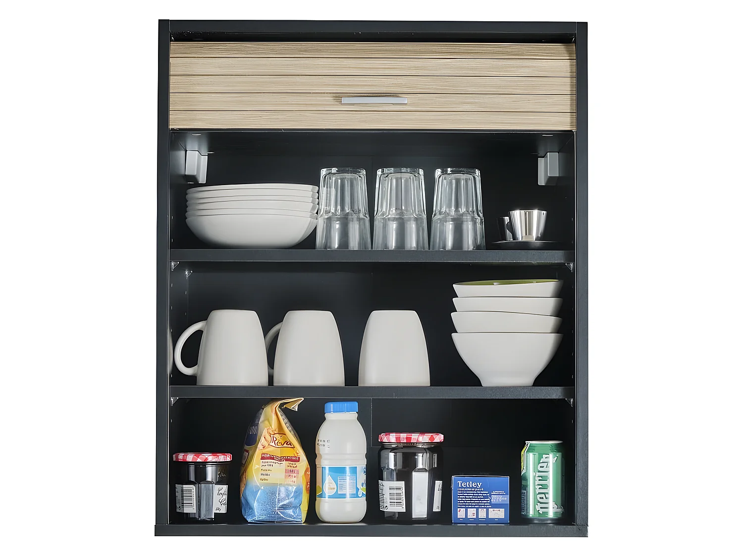 Meuble Cuisine Noir Rideau Chêne Blanc ou Alu 2 Etagères L 60 H 72 P 35 cm - Coloris: Chêne Naturel