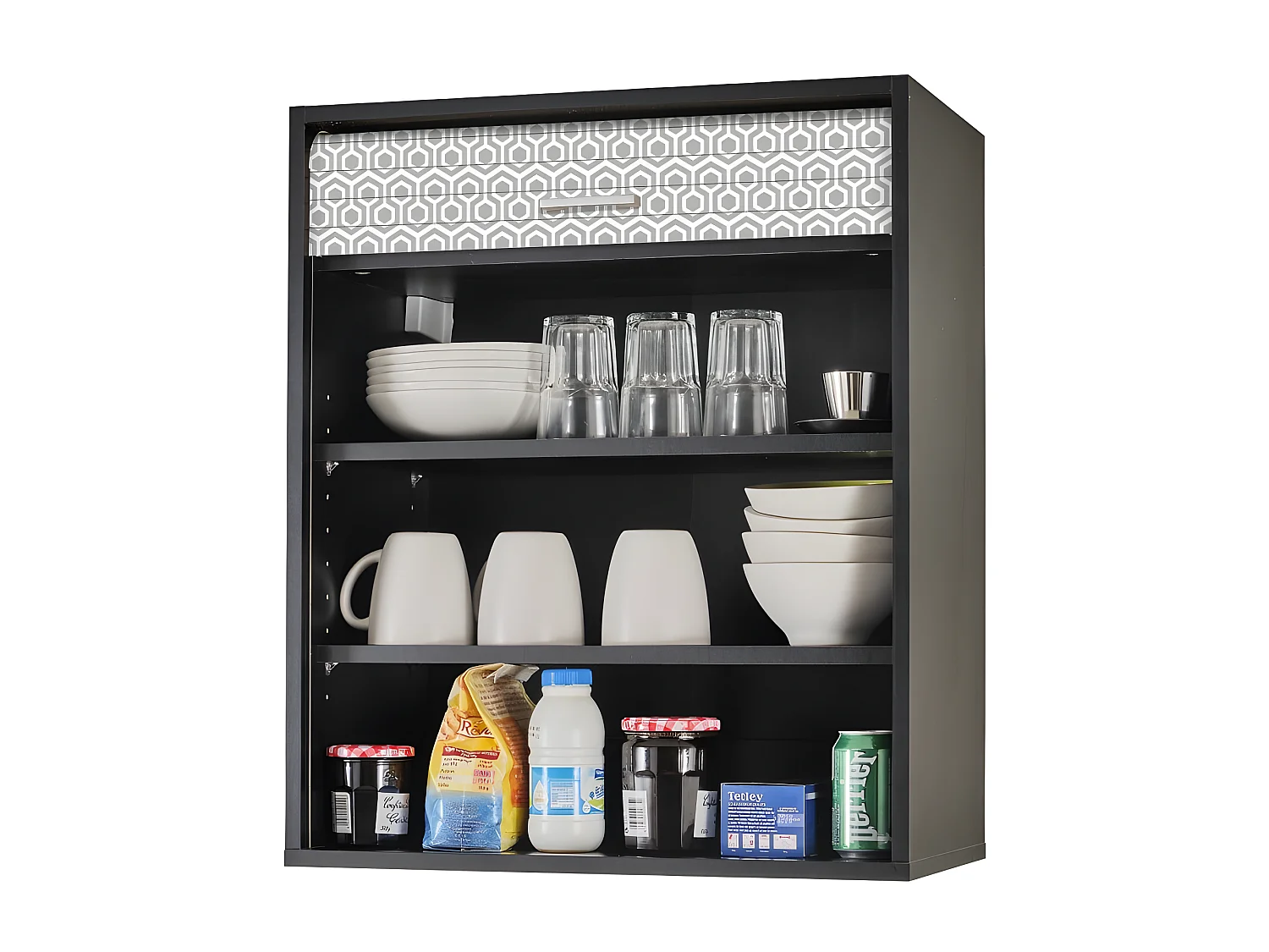 Meuble Cuisine Noir 60x72 Face Imprimée - Coloris Rideau: Hexagones Gris 521