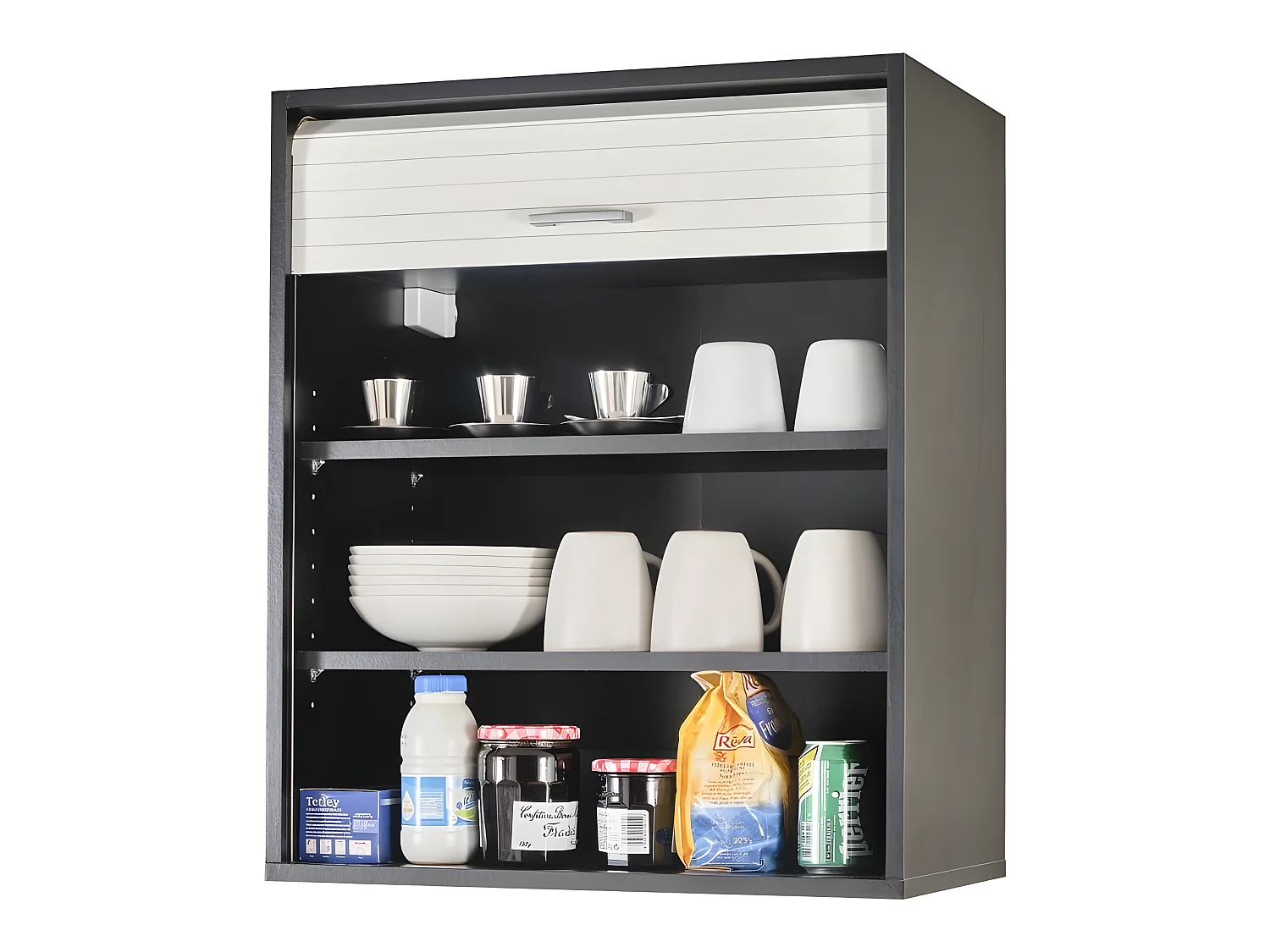 Meuble Cuisine Noir Rideau Chêne Blanc ou Alu 2 Etagères L 60 H 72 P 35 cm - Coloris: Blanc