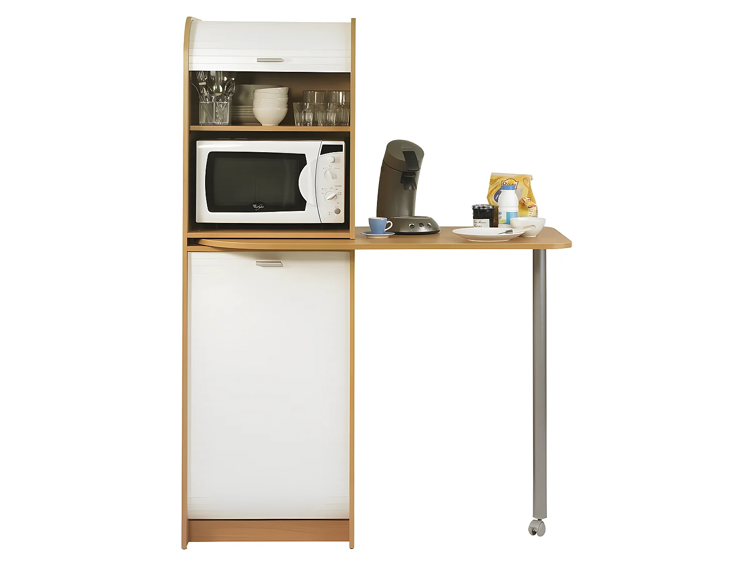 Table de Cuisine et Meuble Rangement 5 Niches - Coloris: Hêtre + rideau blanc