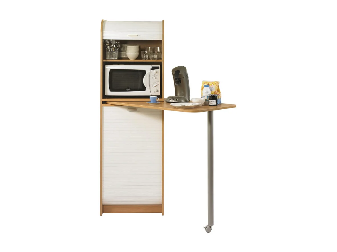 Rangement et Table de cuisine pivotante 5 Niches L 131.1 H 180.7 P 60 cm - Coloris: Hêtre + rideau blanc