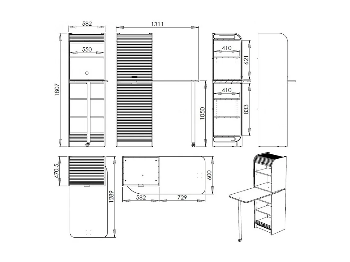 Rangement et Table de cuisine pivotante 5 Niches L 131.1 H 180.7 P 60 cm - Coloris: Hêtre + rideau blanc