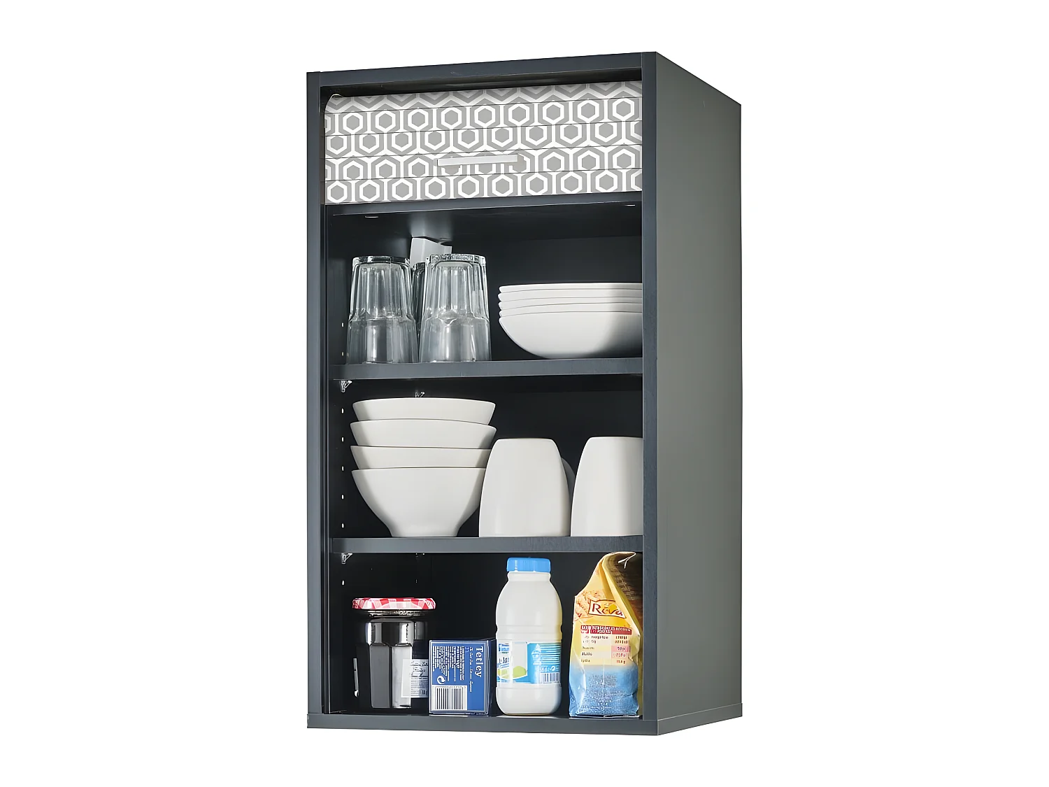 Meuble Cuisine Noir 40x72 Face Imprimée - Coloris Rideau: Hexagones Gris 521