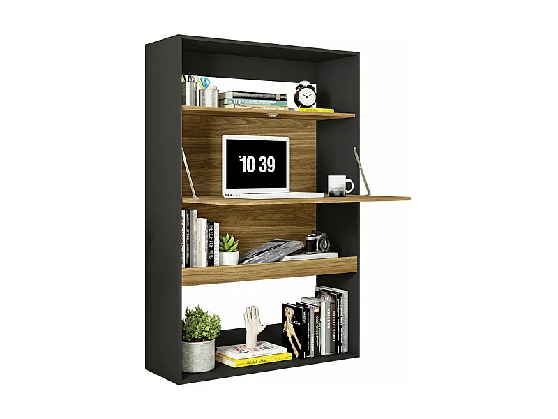 Meuble Secrétaire - Bar Noir et Chêne 4 Niches L 90 H 140.5 P 36 cm