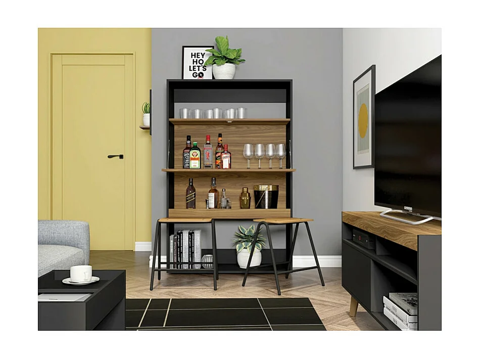 Meuble Secrétaire - Bar Noir et Chêne 4 Niches L 90 H 140.5 P 36 cm