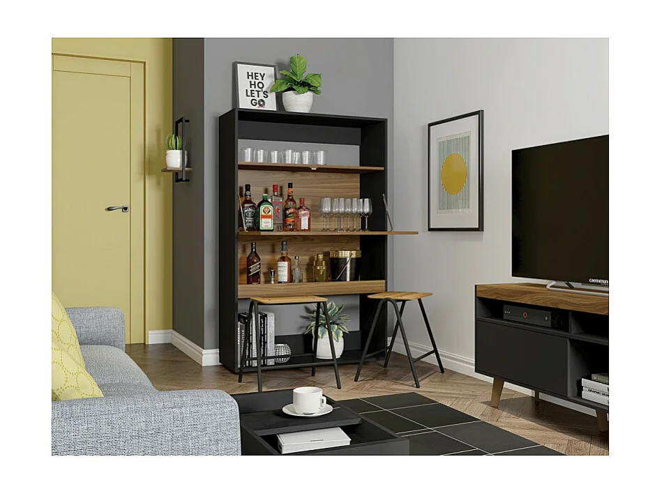 Meuble Secrétaire - Bar Noir et Chêne 4 Niches L 90 H 140.5 P 36 cm