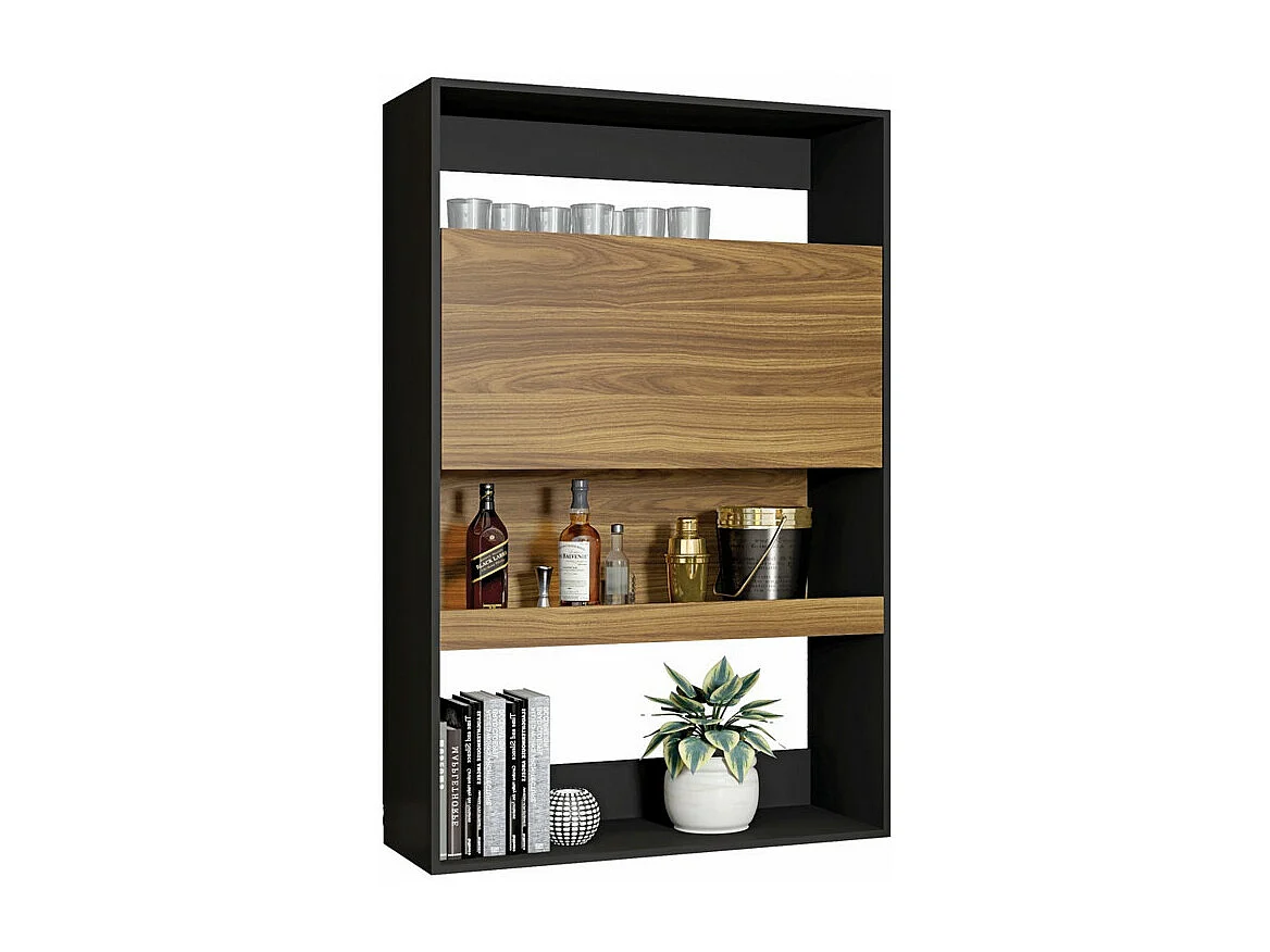 Meuble Secrétaire - Bar Noir et Chêne 4 Niches L 90 H 140.5 P 36 cm