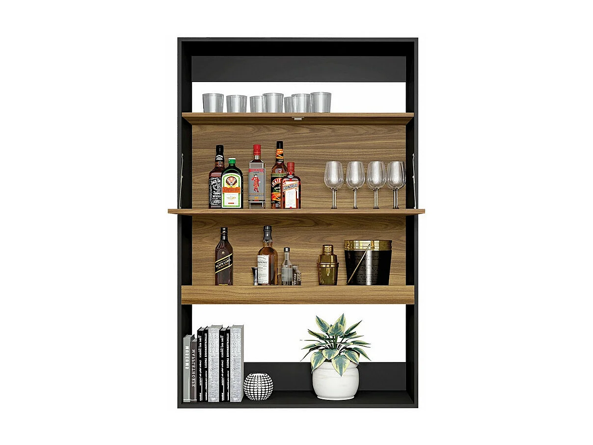 Meuble Secrétaire - Bar Noir et Chêne 4 Niches L 90 H 140.5 P 36 cm