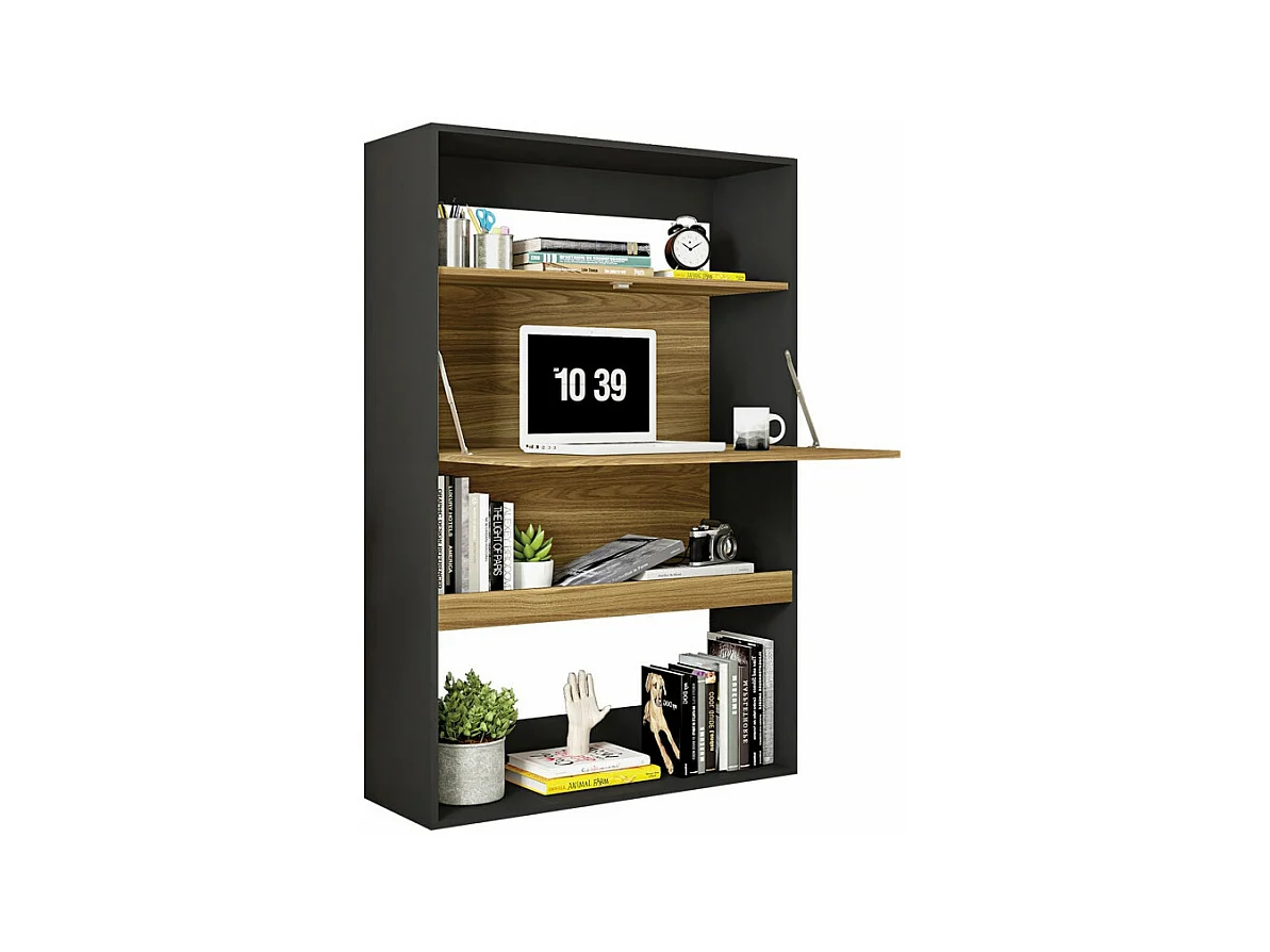 Meuble Secrétaire - Bar Noir et Chêne 4 Niches L 90 H 140.5 P 36 cm
