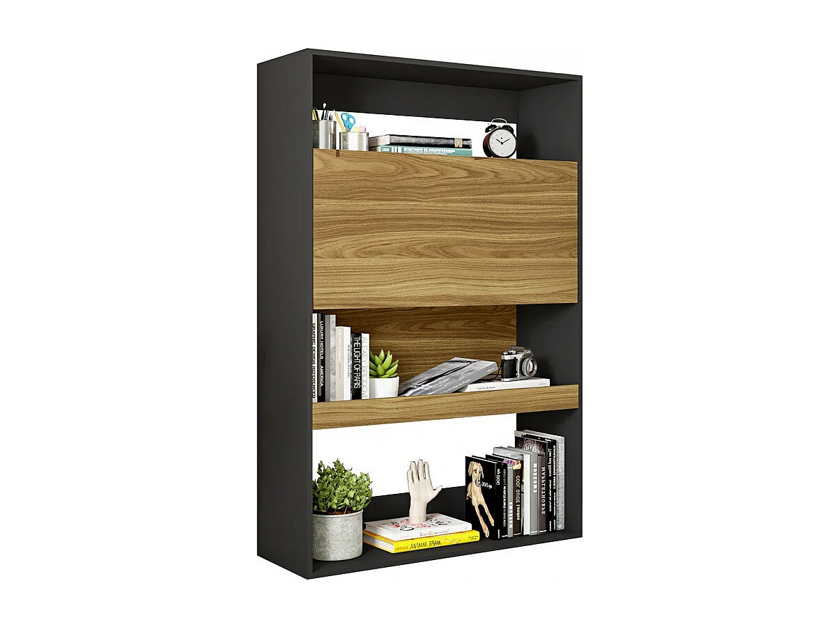 Meuble Secrétaire - Bar Noir et Chêne 4 Niches L 90 H 140.5 P 36 cm