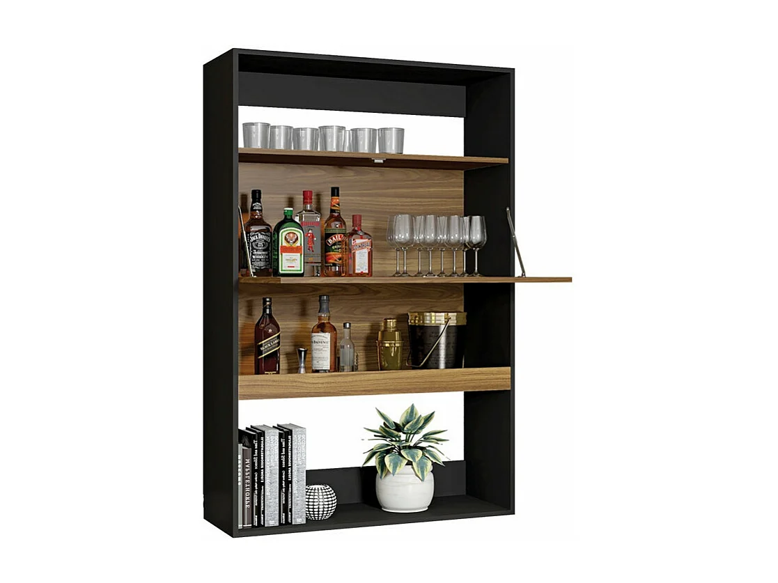 Meuble Secrétaire - Bar Noir et Chêne 4 Niches L 90 H 140.5 P 36 cm