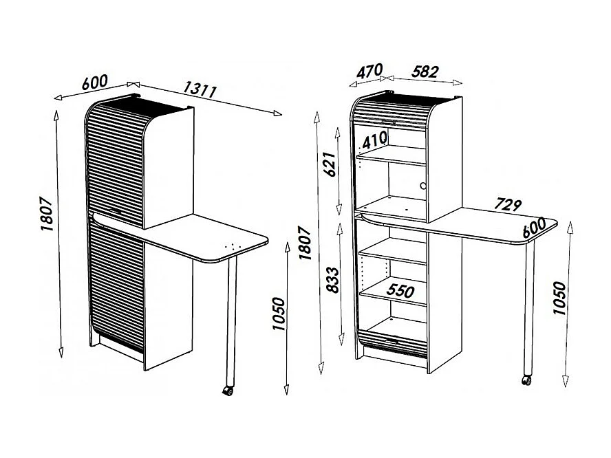 Rangement et Table de cuisine pivotante 5 Niches L 131.1 H 180.7 P 60 cm - Coloris: Wengé + Blanc