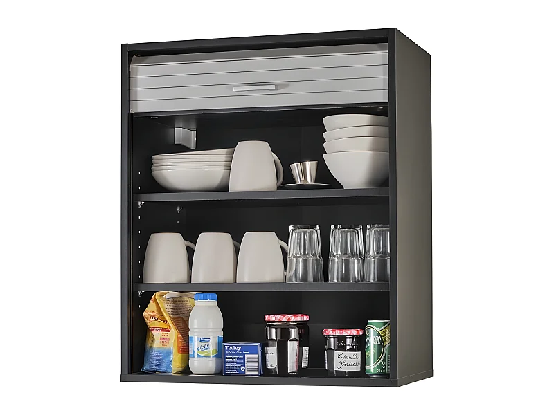 Meuble Cuisine Noir Rideau Chêne Blanc ou Alu 2 Etagères L 60 H 72 P 35 cm - Coloris: Aluminium