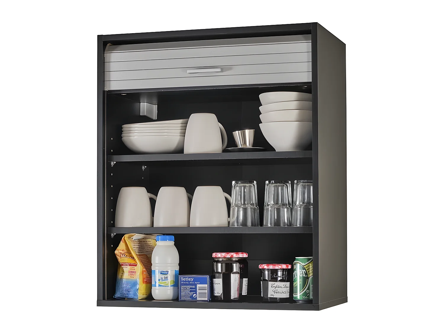 Meuble Cuisine Noir Rideau Chêne Blanc ou Alu 2 Etagères L 60 H 72 P 35 cm - Coloris: Aluminium