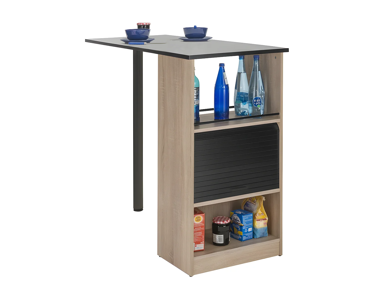 Meuble Rangement de Cuisine Chêne avec Table - Coloris: Noir