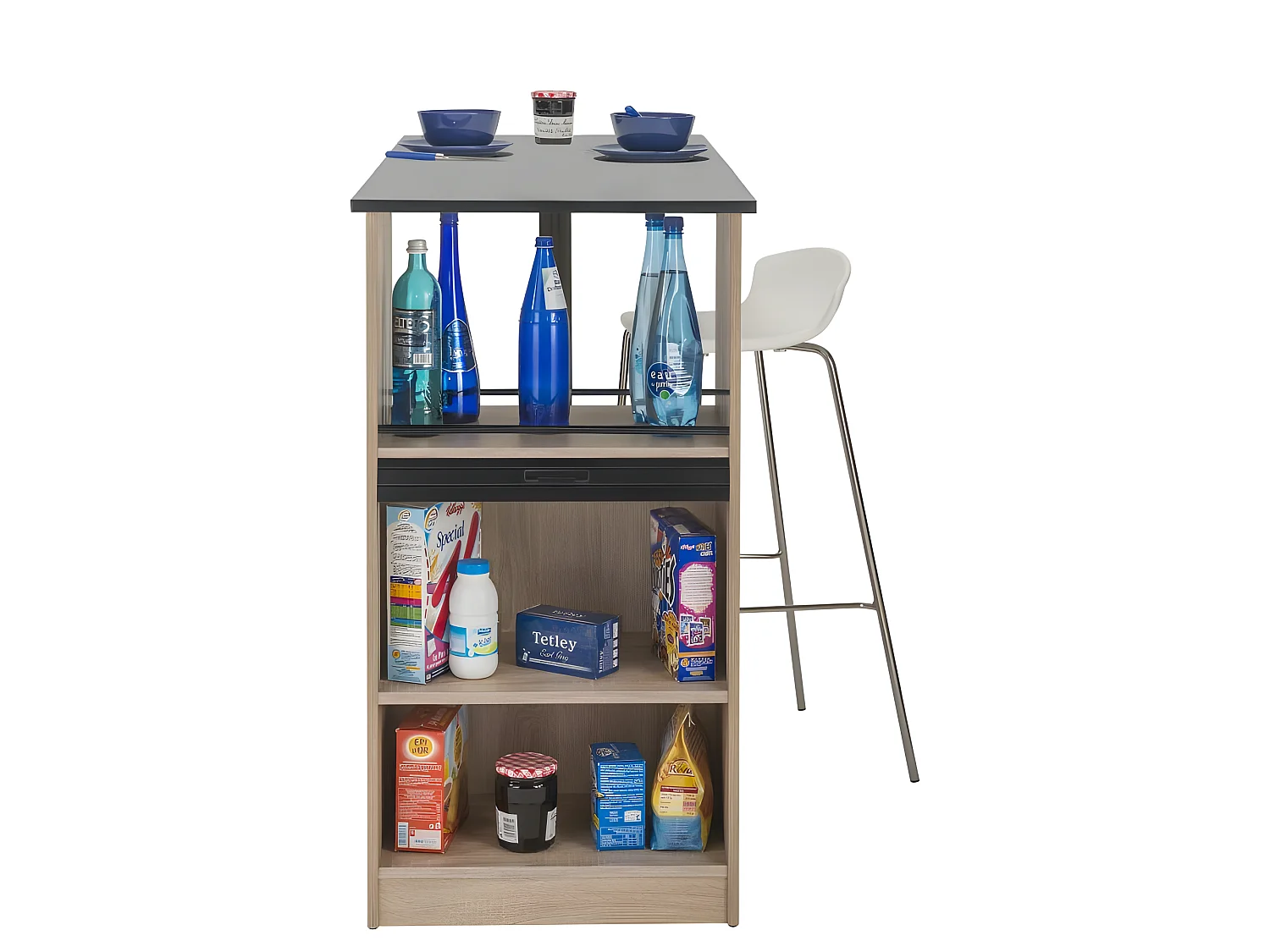 Meuble Rangement de Cuisine Chêne avec Table - Coloris: Noir