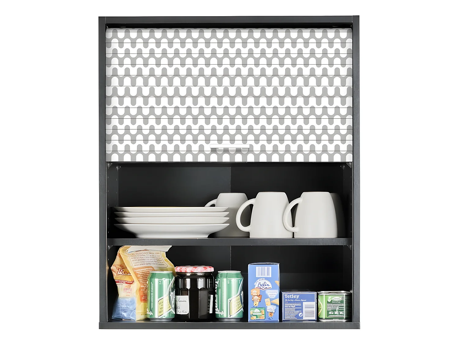 Meuble Cuisine Noir 60x72 Face Imprimée - Coloris Rideau: Vagues Grises 810