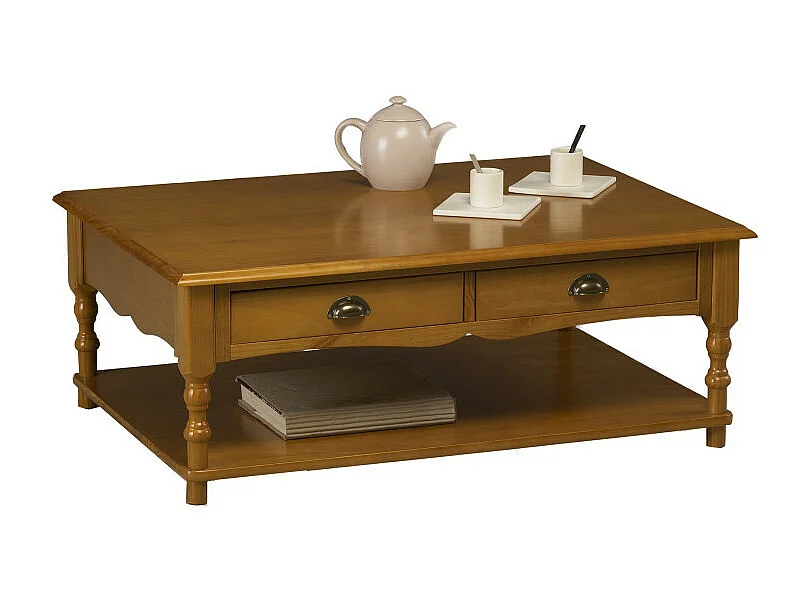 Table Basse Rectangle Pin Miel Style Anglais 2 Tiroirs 1 Niche L 100 H 38 P 70 cm