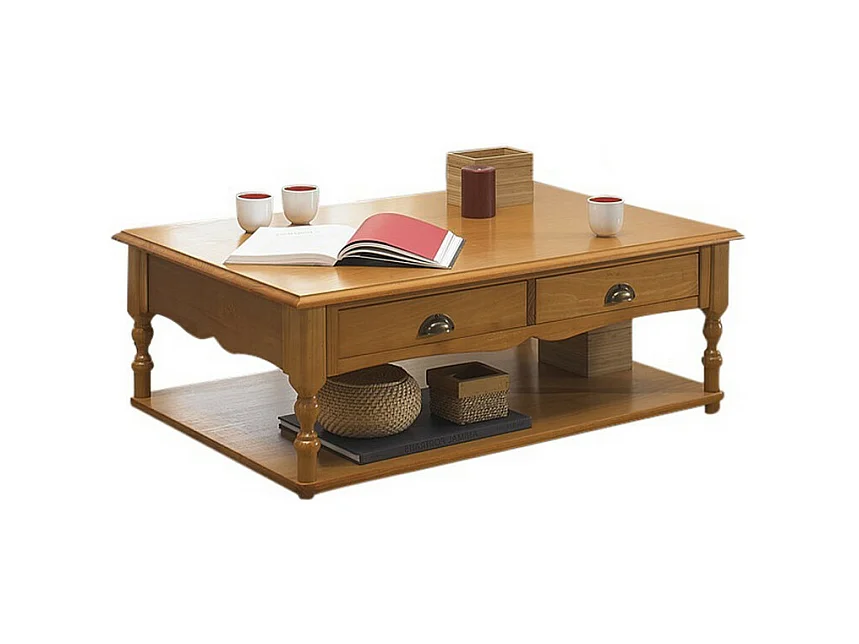 Table Basse Rectangle Pin Miel Style Anglais 2 Tiroirs 1 Niche L 100 H 38 P 70 cm