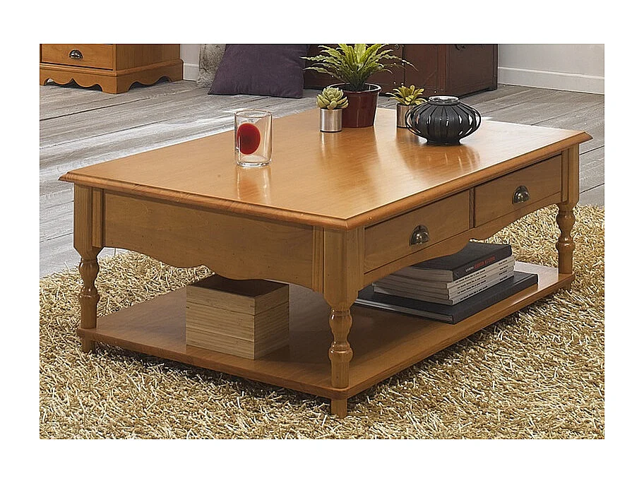 Table Basse Rectangle Pin Miel Style Anglais 2 Tiroirs 1 Niche L 100 H 38 P 70 cm