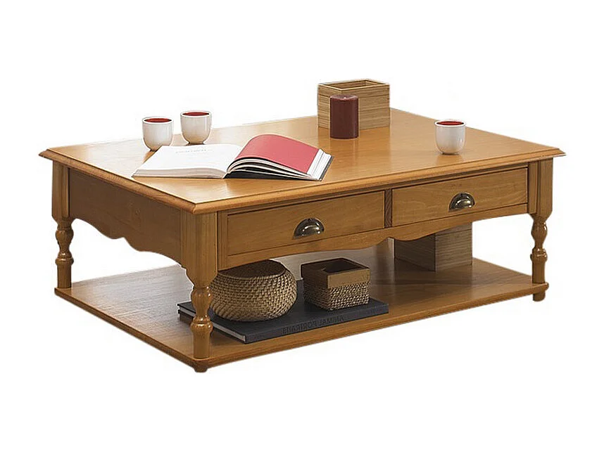 Table Basse Rectangle Pin Miel Style Anglais 2 Tiroirs 1 Niche L 100 H 38 P 70 cm