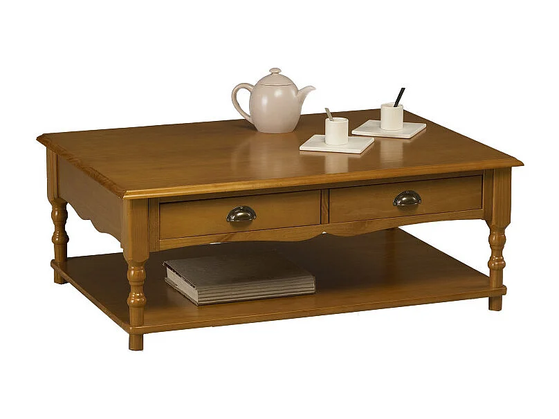 Table Basse Rectangle Pin Miel Style Anglais 2 Tiroirs 1 Niche L 100 H 38 P 70 cm