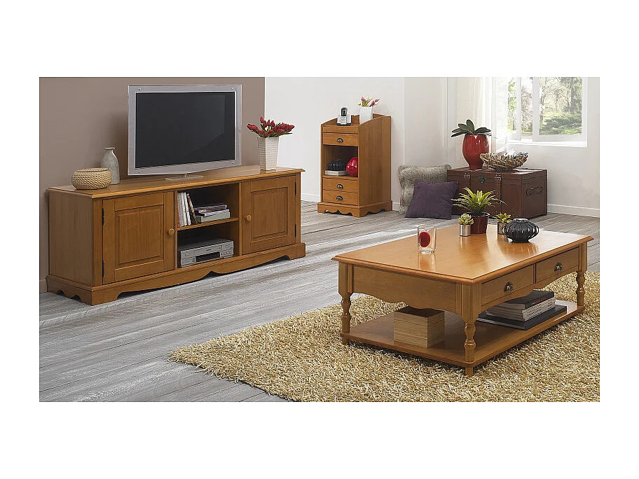 Table Basse Rectangle Pin Miel Style Anglais 2 Tiroirs 1 Niche L 100 H 38 P 70 cm