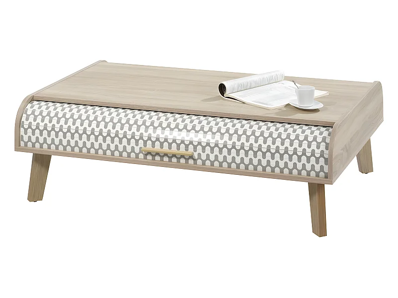 Table Basse Vintage Chêne 2 Rideaux 4 Niches - Coloris Rideau: Vagues Grises 810