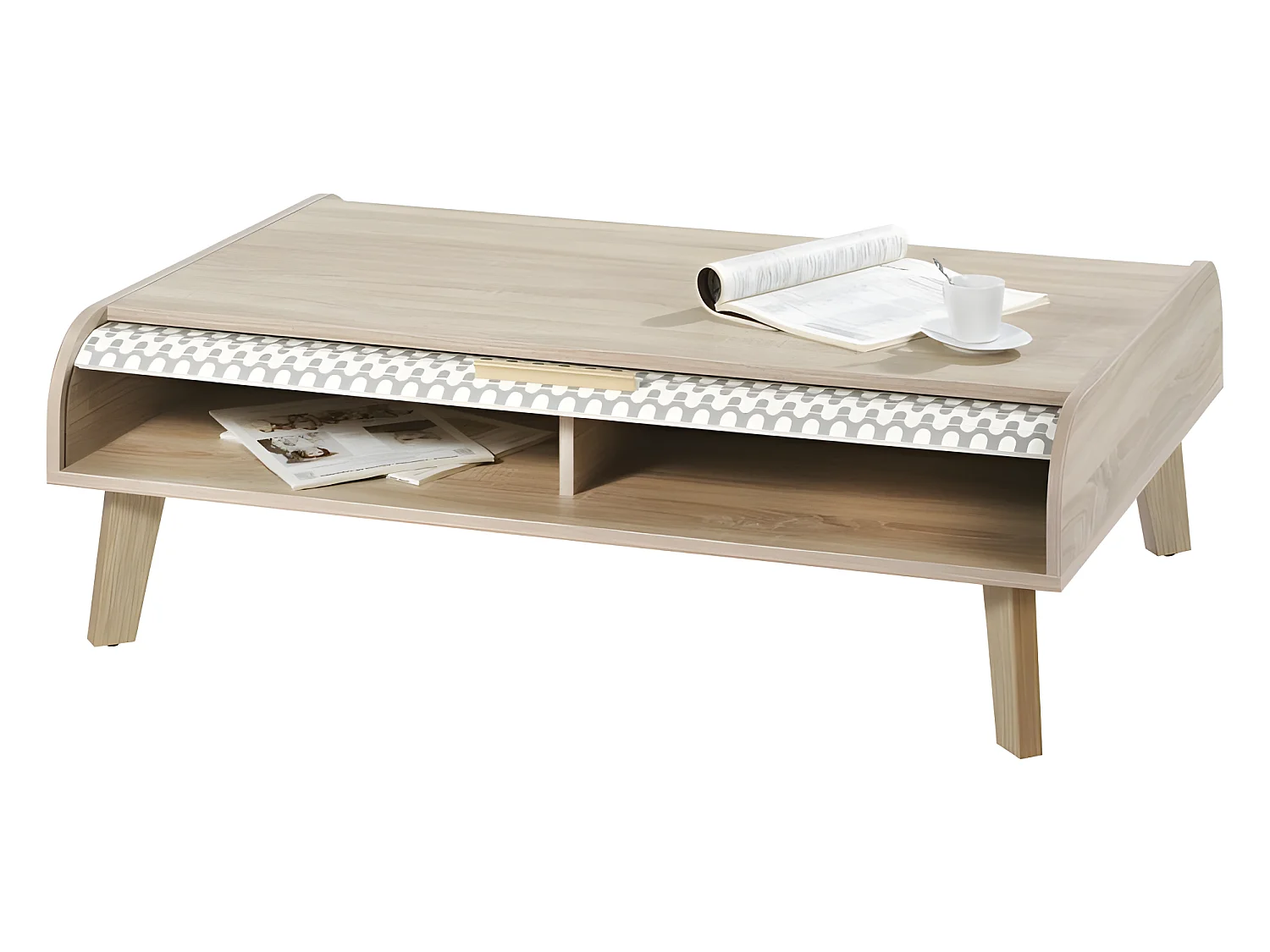 Table Basse Vintage Chêne 2 Rideaux 4 Niches - Coloris Rideau: Vagues Grises 810