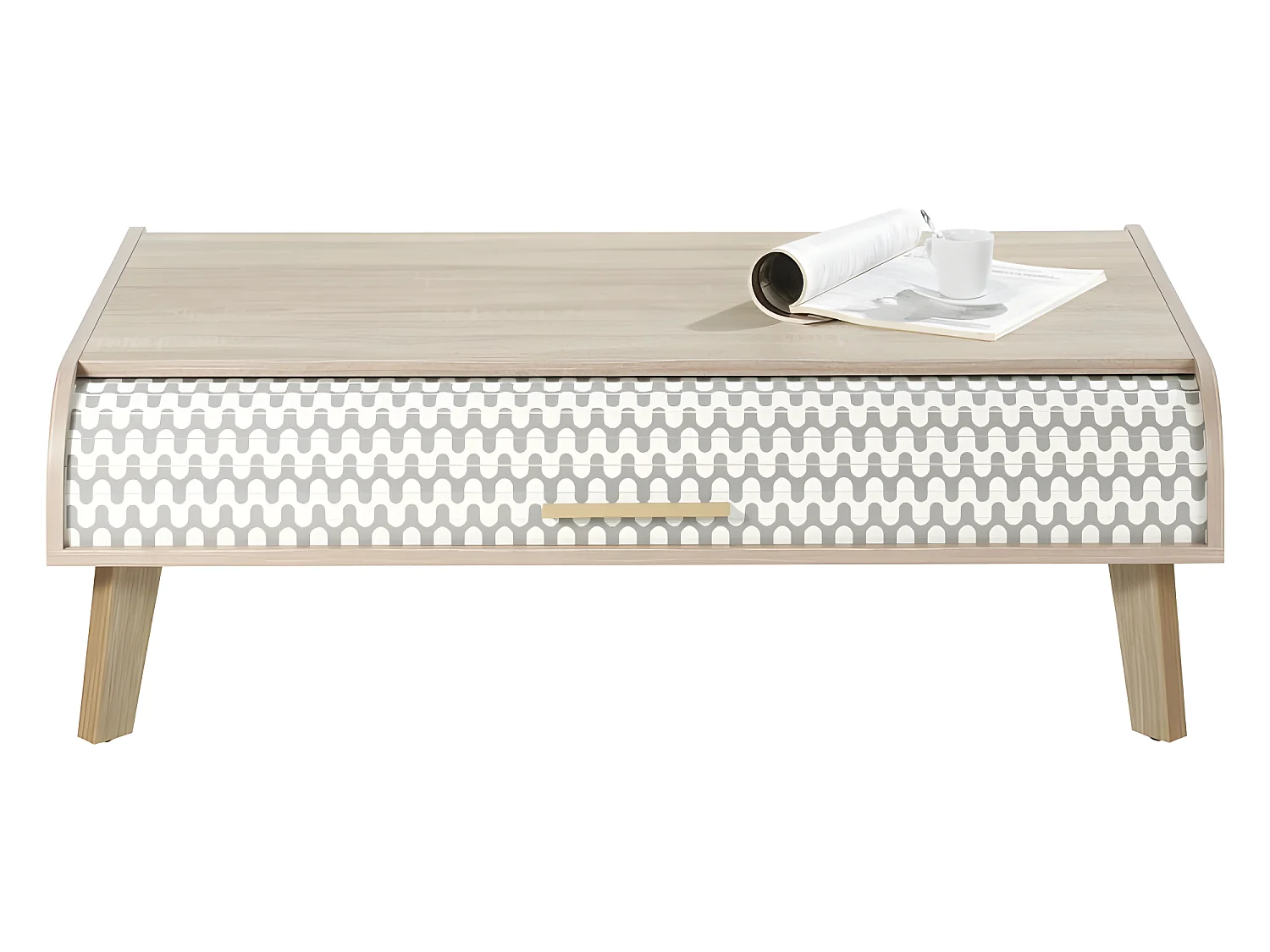 Table Basse Vintage Chêne 2 Rideaux 4 Niches - Coloris Rideau: Vagues Grises 810