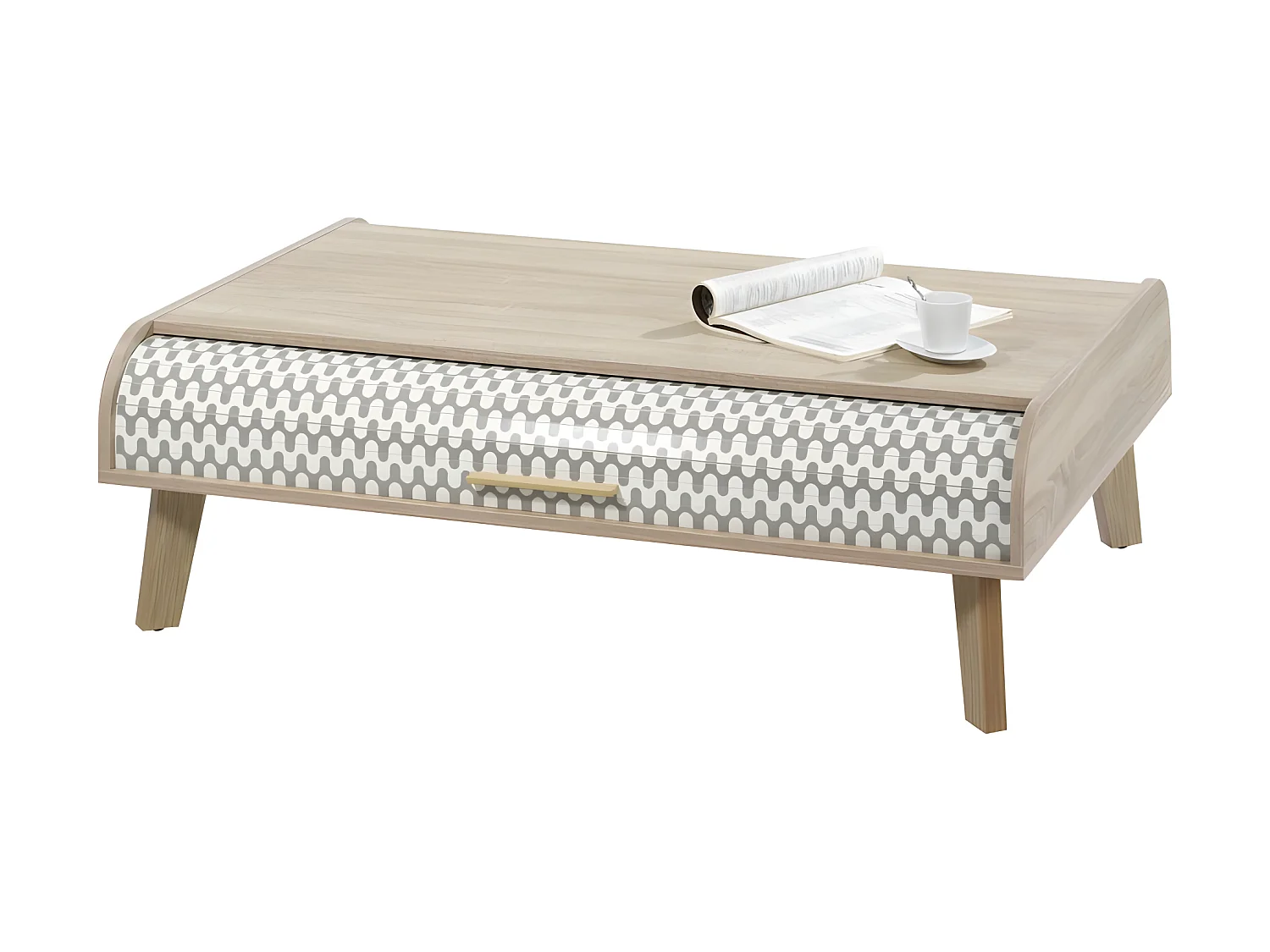 Table Basse Vintage Chêne 2 Rideaux 4 Niches - Coloris Rideau: Vagues Grises 810
