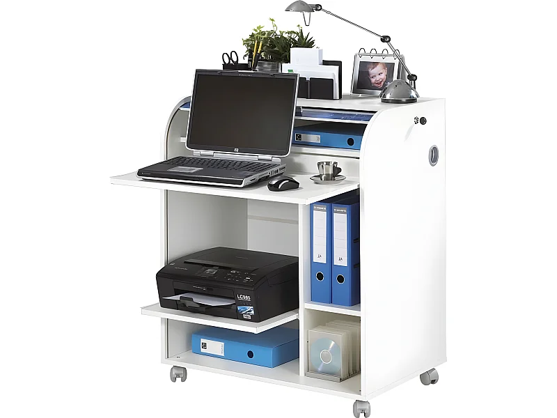 Bureau Informatique Blanc à Roulettes 5 Niches L 79.2 H 93.8 P 53.2 cm - Coloris: Blanc