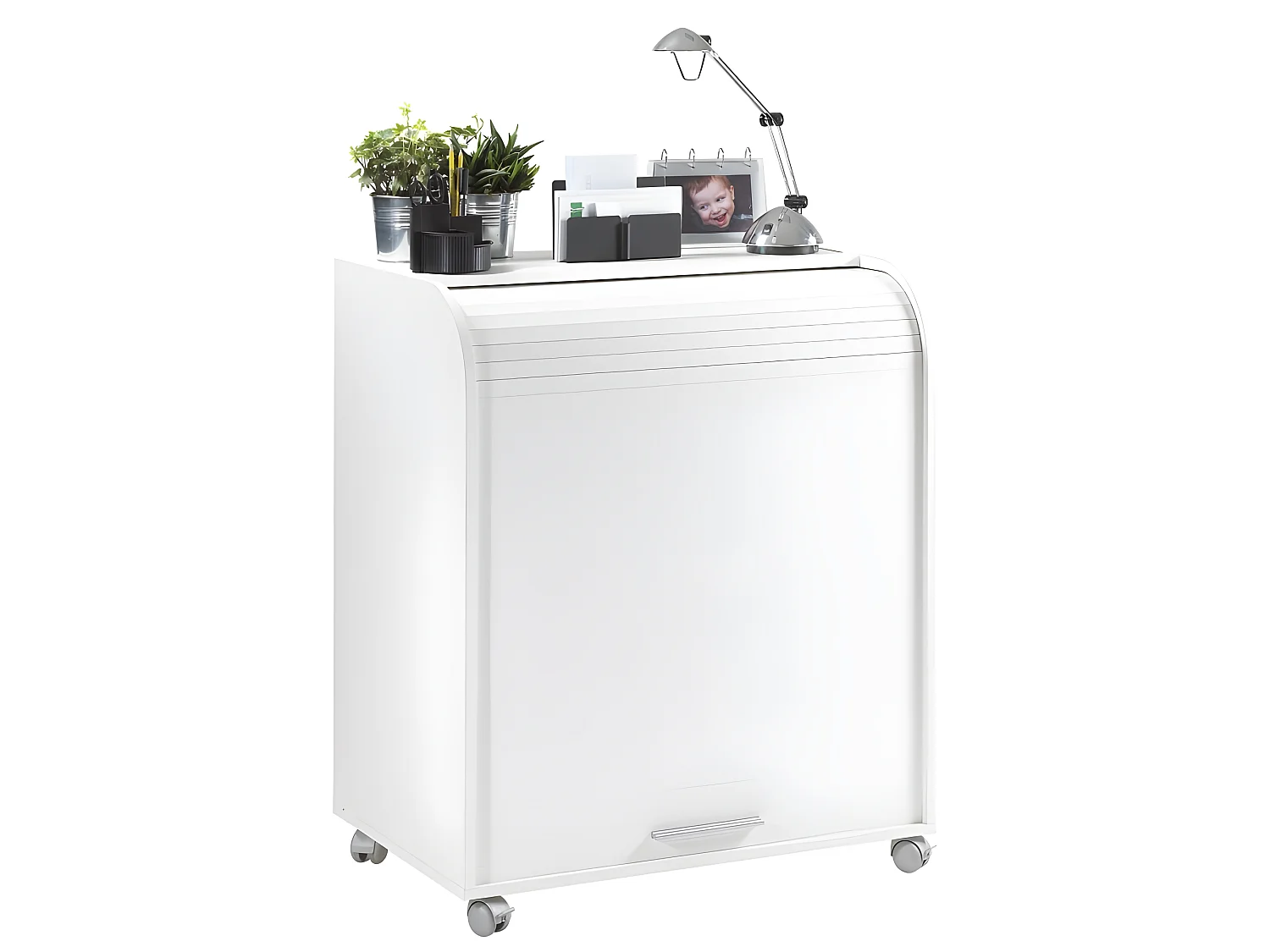 Bureau Informatique Blanc à Roulettes 5 Niches L 79.2 H 93.8 P 53.2 cm - Coloris: Blanc