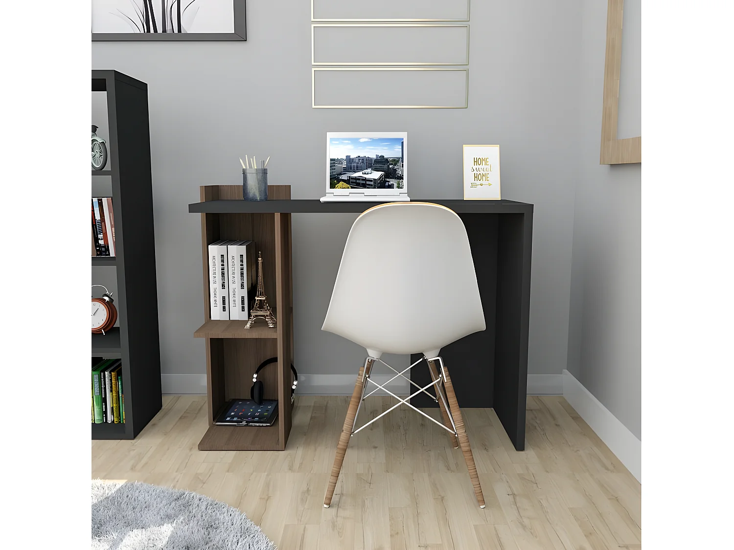 Bureau 1 Caisson Noyer et Noir 2 Niches L 101.5 H 75 P 41.5 cm