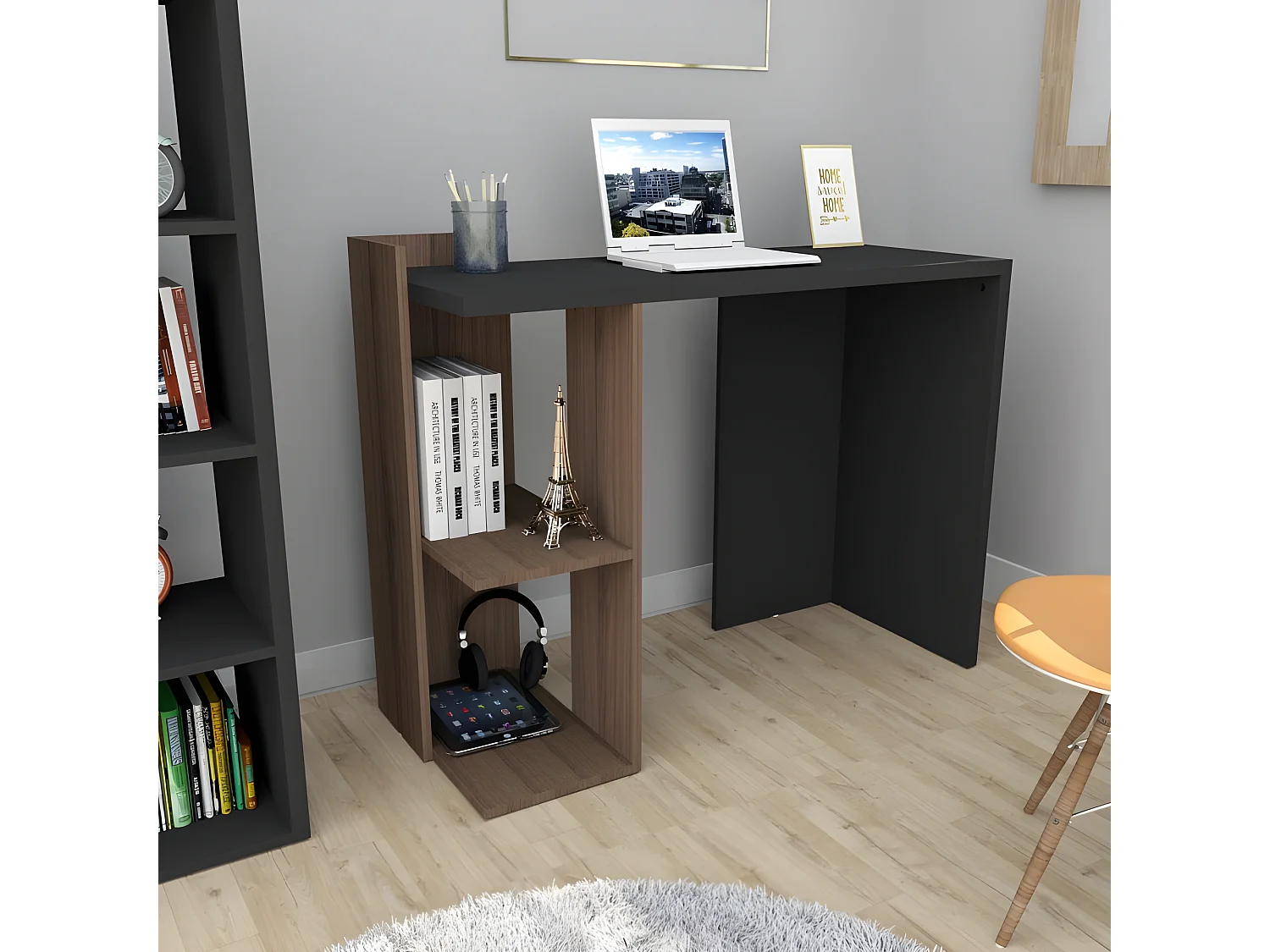 Bureau 1 Caisson Noyer et Noir 2 Niches L 101.5 H 75 P 41.5 cm