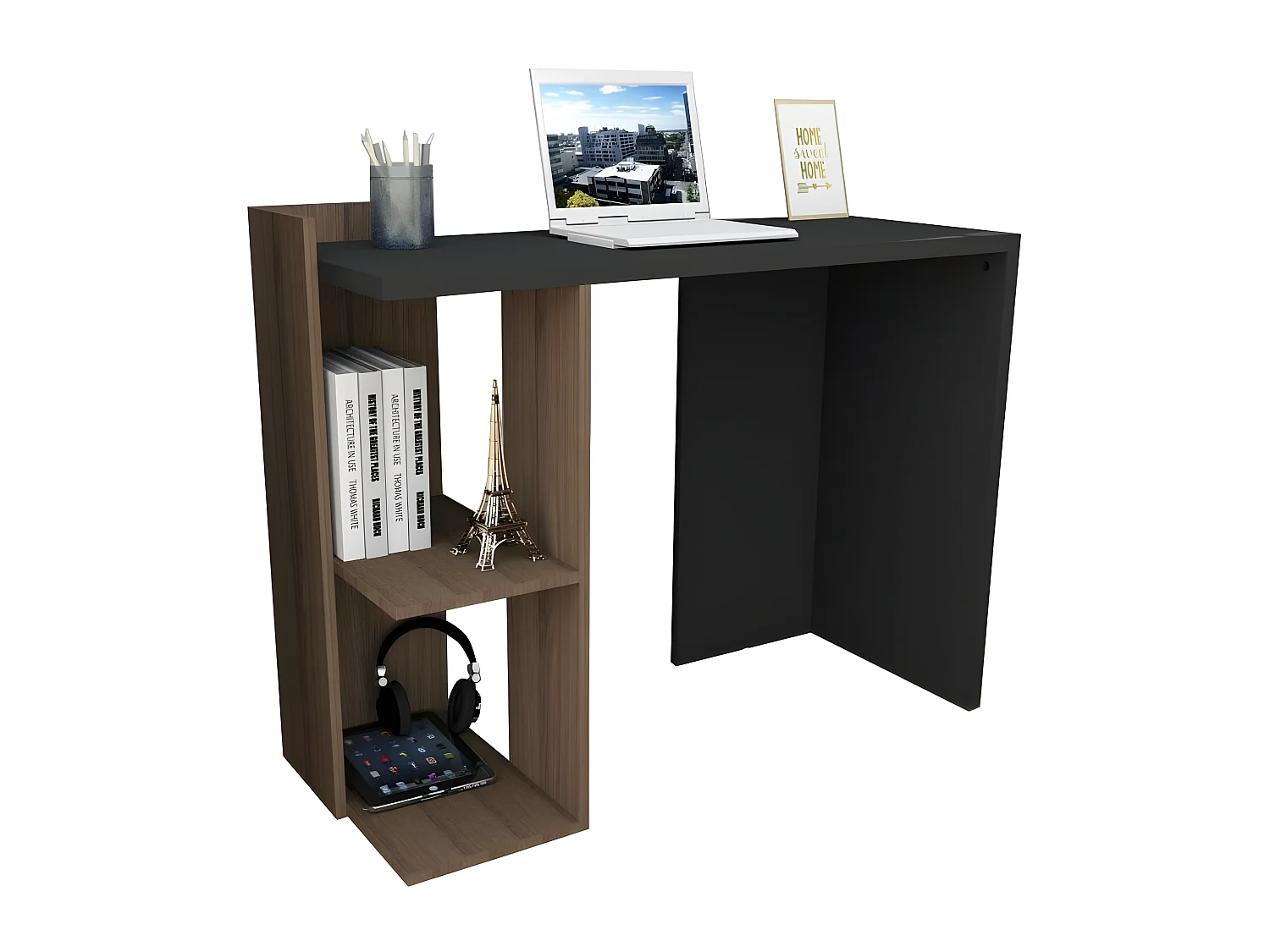 Bureau 1 Caisson Noyer et Noir 2 Niches L 101.5 H 75 P 41.5 cm