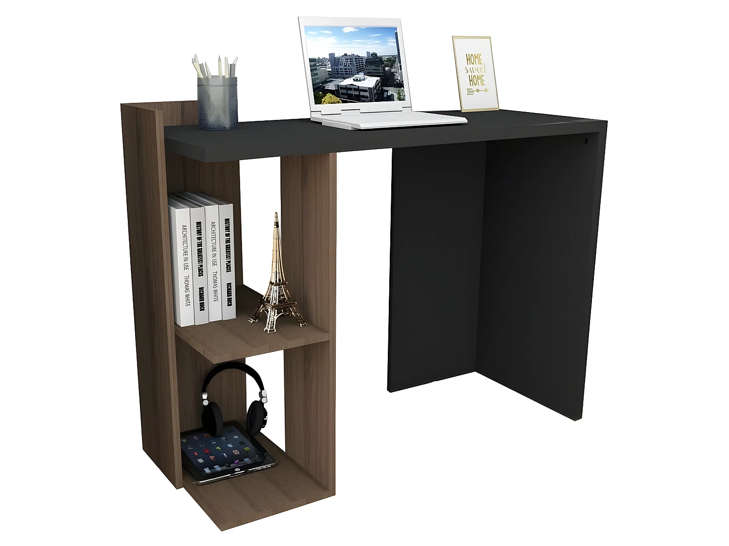 Bureau 1 Caisson Noyer et Noir 2 Niches L 101.5 H 75 P 41.5 cm