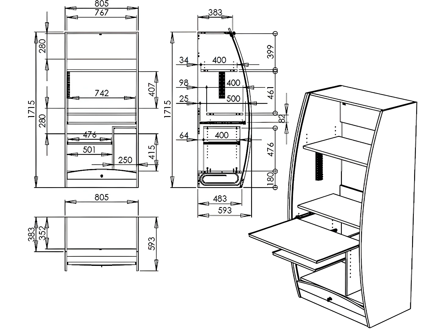 Armoire Informatique Galbée 6 Niches Serrure L 80.5 H 171.5 P 59.3 cm - Coloris: Blanc