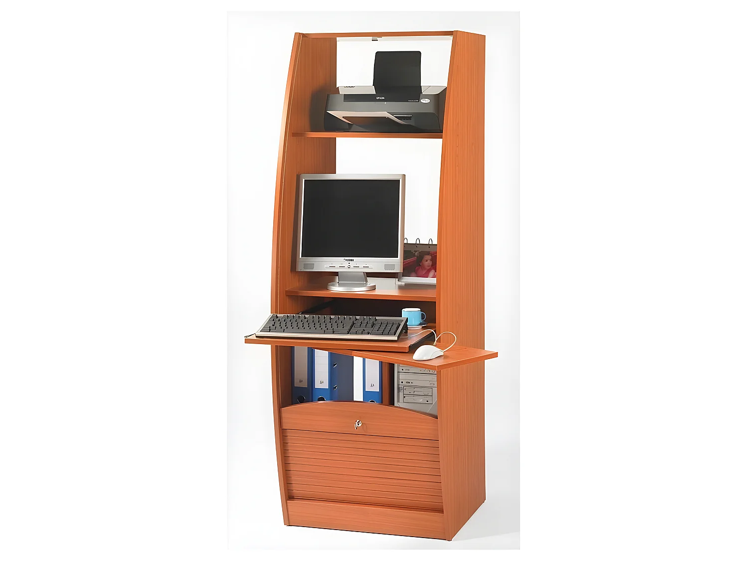 Armoire Informatique Galbée Largeur 60 cm 5 Niches - Coloris: Merisier