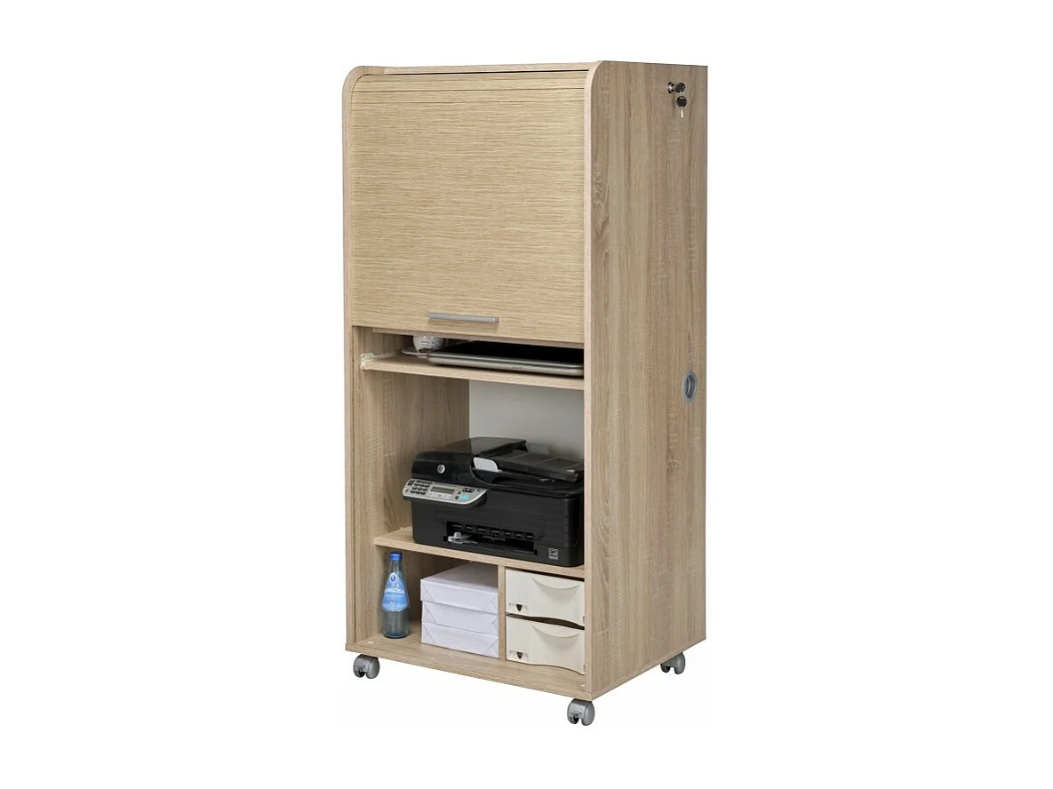Armoire Informatique Mobile Chêne 2 Tiroirs 5 Niches L 65.2 H 139.9 P 53.1 cm - Coloris: Chêne Naturel