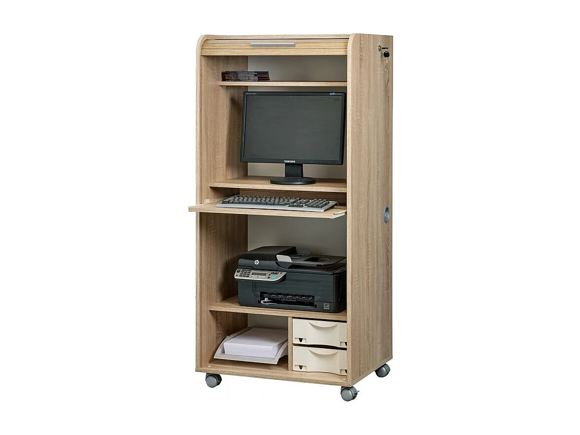 Armoire Informatique Mobile Chêne 2 Tiroirs 5 Niches L 65.2 H 139.9 P 53.1 cm - Coloris: Chêne Naturel
